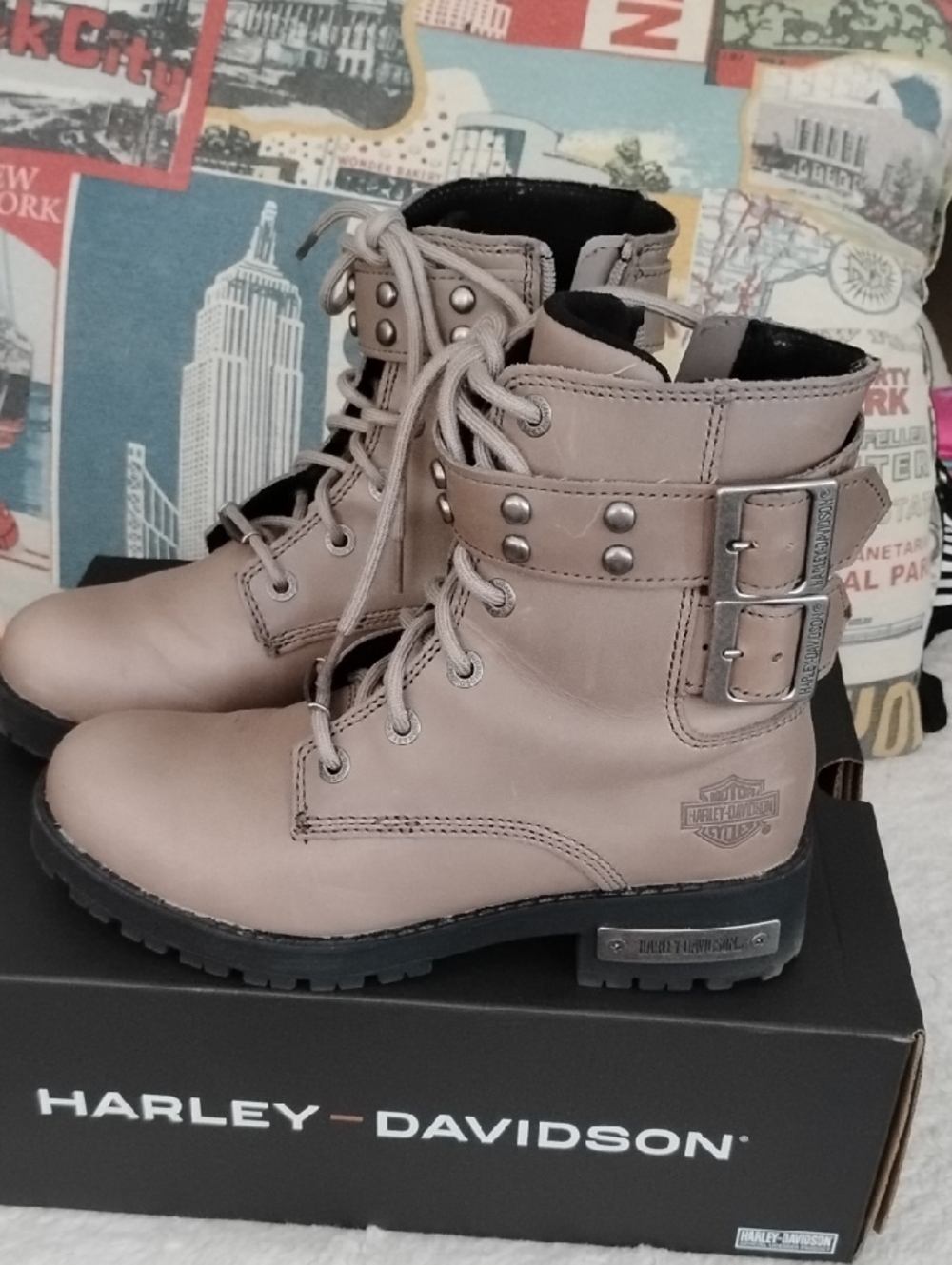 Harley-Davidson Women's Taupe Lace-Up/ Side Zippered Buckle Combat Boots